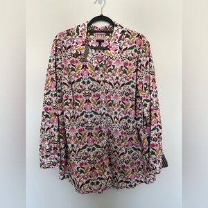Talbots Plus Pink Floral Print Button Shirt Size 3X with Polka Dot Trim Cuffs